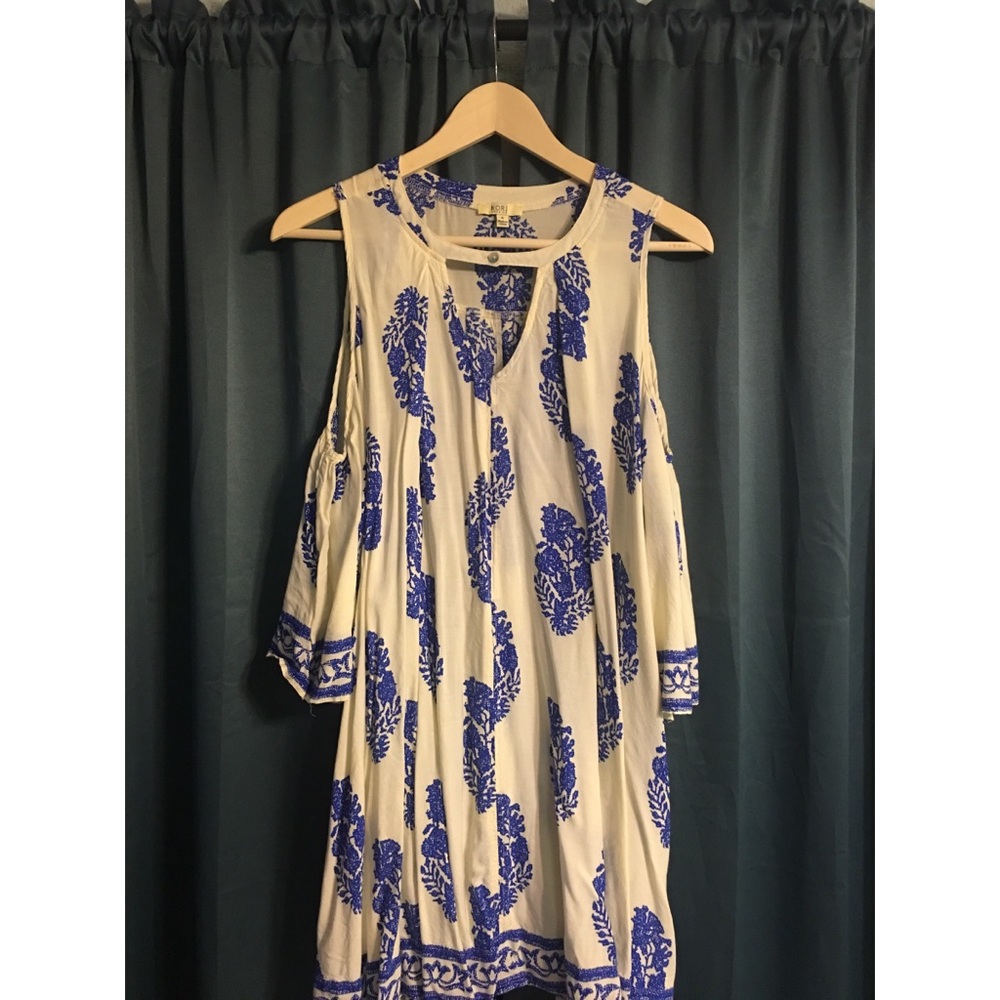 Kori White & Blue Off the Shoulders Dress